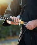 Person holding Lightweight Aluminum Alloy Wakizashi Iaito For Iaido Training With Dragon Tsuba Unsharpened Practice Blade.