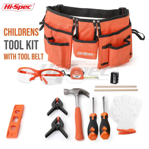 Orange 16 Piece Real Tools Kids Tool Kit Set With Child Size Tool Belt For DIY Building Woodworking And Construction Projects