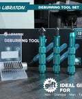 LIBRATON deburring tool set, 13-piece kit with teal aluminum handles and assorted blades (front view).