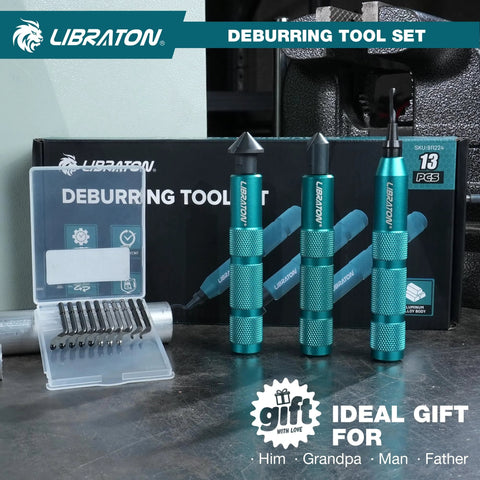 LIBRATON deburring tool set, 13-piece kit with teal aluminum handles and assorted blades (front view).