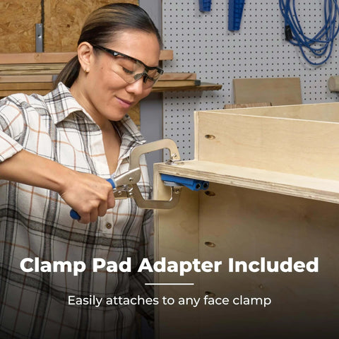 Portable Pocket Hole Jig System With Adjustable Position Sliders And Clamp Adapter For Materials Half Inch To One And A Half Inches Thick Lets You Make Strong Joints At Multiple Angles For Quick Pro Level Woodworking Projects in use by a woman on plywood with clamp pad adapter included.
