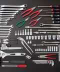 Overhead view of TSX950BK 86-Piece Tool Set with wrenches, pliers, screwdrivers, and sockets, displayed in matte black case.
