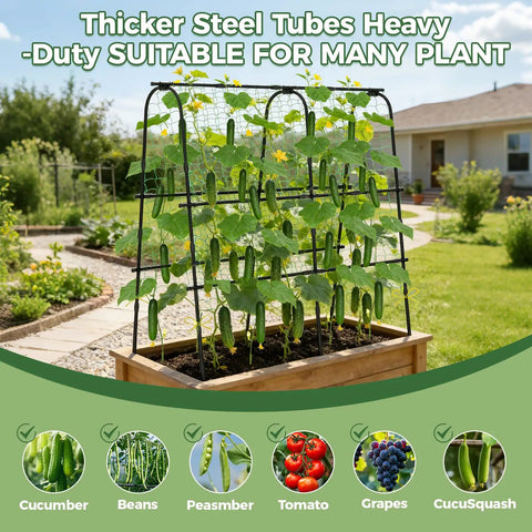 Cucumber Trellis For Raised Beds, U Shape Garden Arch With Netting, Heavy Duty Metal Plant Support For Climbing Veggies in a garden.