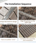 Interlocking Patio Deck Tiles 12x12 Inch Square Composite Plastic Outdoor Flooring For Balcony Porch Backyard All Weather Four Slat Non Slip Tiles Dark Brown Pack Of 27 installation sequence showing assembly steps