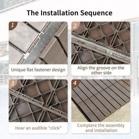 Interlocking Patio Deck Tiles 12x12 Inch Square Composite Plastic Outdoor Flooring For Balcony Porch Backyard All Weather Four Slat Non Slip Tiles Dark Brown Pack Of 27 installation sequence showing assembly steps