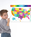 Child using Jumbo Dry Erase USA Map Whiteboard for home, school or office use, visible room clarity, easy clean surface