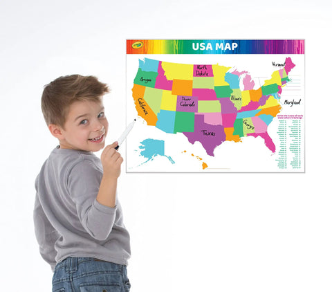 Child using Jumbo Dry Erase USA Map Whiteboard for home, school or office use, visible room clarity, easy clean surface