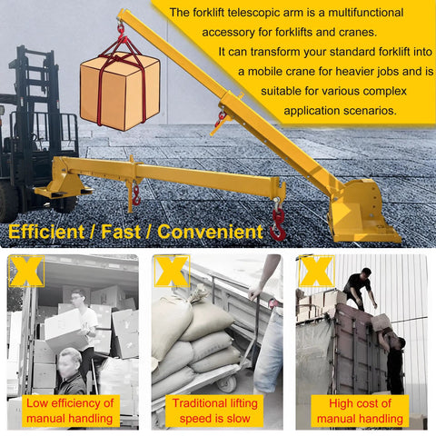 Beefy Workhorse Forklift Telescopic Jib Boom With 2 Ton Capacity And 0 To 75 Degree Tilt Plus 7 To 12 Foot Reach Extender shown lifting a box.