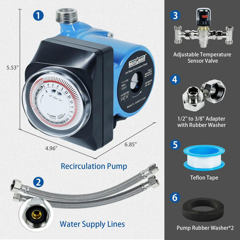 Instant Hot Water Recirculating Pump Kit For Tank Water Heaters With Thermal Bypass Tech showing pump dimensions and water supply lines.