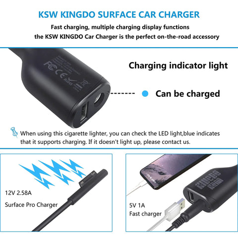 No Drama 36W Car Charger For Microsoft Surface Pro And Laptop Fast Charging Adapter With Usb Port And Five Foot Cable Plus Travel Case showing charging indicator and ports.