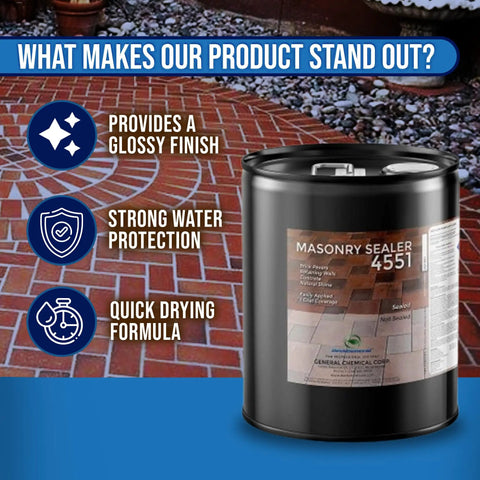 Tough As Nails Hydrophobic Acrylic Sealer For Masonry And Concrete Pavers in a 5-gallon pail with a glossy finish, outdoor brick backdrop.
