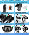 Snorkel mask pre-use checklist with leak prevention tips for All In One Dry Snorkel Set With Panoramic Wide View Mask, Anti Fog Scuba Diving Gear.