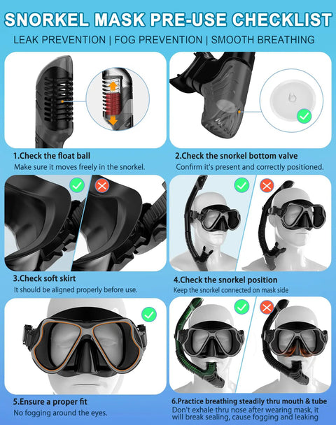 Snorkel mask pre-use checklist with leak prevention tips for All In One Dry Snorkel Set With Panoramic Wide View Mask, Anti Fog Scuba Diving Gear.