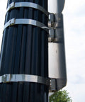 Stainless Steel Bull's Eye Sign Mounting Brackets With Straight Leg and Washer on post, supporting a traffic sign