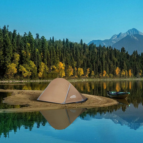 Lightweight 1 Person Tent For All Seasons, Windproof, Rainproof And Waterproof Camping Tent beside a lake with mountain backdrop