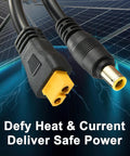 Close-up of XT60 to DC 8mm Charging Cable 5Ft 14AWG with XT60 Female to DC7909 Male and DC5525 Adapter over solar panel