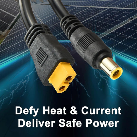 Close-up of XT60 to DC 8mm Charging Cable 5Ft 14AWG with XT60 Female to DC7909 Male and DC5525 Adapter over solar panel