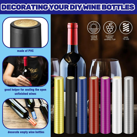 Slick PVC Heat Shrink Wine Capsules Paired With Wooden T Shape Stoppers And Sealing Plugs For DIY Cellar Wraps And Home Winemaking Craft Kits displayed on wine bottles.