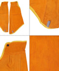 Heavy Duty Leather Flame Sleeves For Welders And Mechanics Badass Heat Resistant Arm Guards showing orange leather design and stitching.