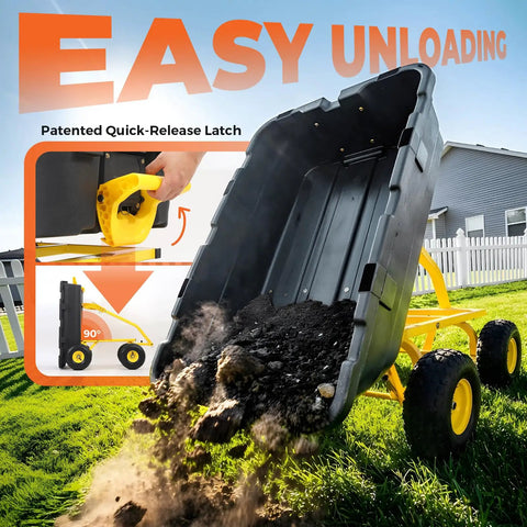 Beefy Garden Dump Cart With 1400LB Capacity for Lawn and Landscaping showing easy unloading with quick release dump bed