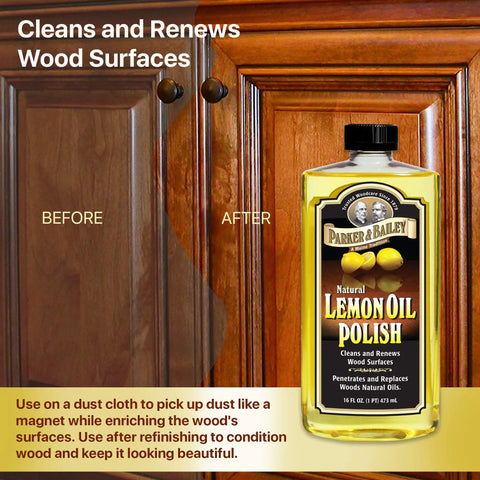 Lemon Oil Polish For Furniture And Wood Clean And Restore Finish Natural Lemon Scent Protects 16 Oz bottle with wood cabinet before and after cleaning