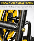 Close-up of Heavy Duty Hose Reel Cart with Wheels Capacity Up To Two Hundred Fifty Feet Of Five Eighth Inch Hose, sturdy metal frame