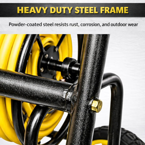 Close-up of Heavy Duty Hose Reel Cart with Wheels Capacity Up To Two Hundred Fifty Feet Of Five Eighth Inch Hose, sturdy metal frame