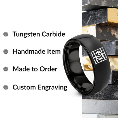 Slick Architect Blueprint Grid Ring In Black Plated Tungsten Carbide, handmade, scratch resistant wedding band, custom engraving.