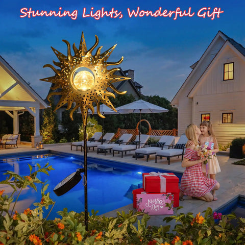 Sun Powered Solar Garden Light Stake With Crackle Glass Metal Finish illuminating a patio by the pool at night.