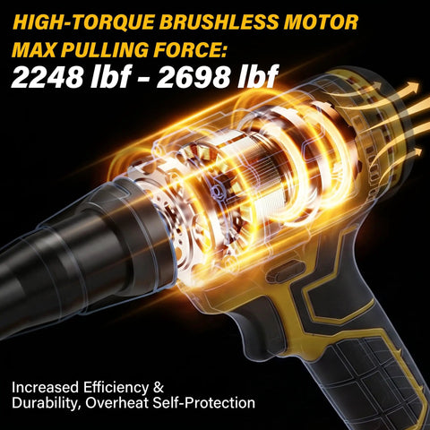 Close-up of the high-torque brushless motor in the Real Deal Brushless Cordless Rivet Gun Built Tough For Pro Contractors Who Want A Smooth Operator Power Tool That Flies Straight Through Heavy Duty Fastening Jobs Without Stalling.