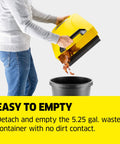 Person emptying 5.25 gal waste container of Walk Behind Outdoor Push Sweeper S 4 Twin for Workshops and Garages Cleans Up to 5 Times Faster Than a Broom