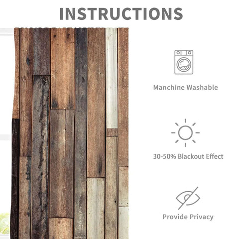 Cozy Farmhouse Brown Curtains With Rustic Barn Door Plank Look, 42W X 63L Rod Pocket Two Panels, care instructions displayed.