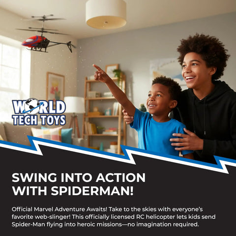 Child and parent playing with Spider Man RC Helicopter For Kids 8 Plus Easy Fly Remote Control Toy indoors