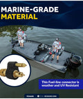 Brass Quarter Inch NPT Male Fuel Tank Connector For Mercury Outboard Engines Post 1998 Ethanol Ready Fuel Line Adapter Easy Hookup With FO2900 Female Connectors And Yamaha, shown with a black rubber protective sleeve in round detail overlay.