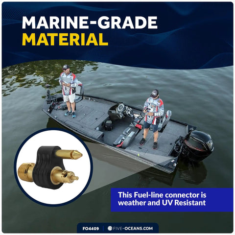 Brass Quarter Inch NPT Male Fuel Tank Connector For Mercury Outboard Engines Post 1998 Ethanol Ready Fuel Line Adapter Easy Hookup With FO2900 Female Connectors And Yamaha, shown with a black rubber protective sleeve in round detail overlay.