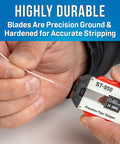 Jonard ST-950 precision fiber optic stripper, red and white, close-up stripping a 0.60 mm fiber (24 AWG).