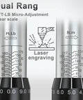 Close-up of laser-engraved scales on Beefy Nine Piece Torque Wrench Set with dual range for Ft.Lb and N.m measurements.
