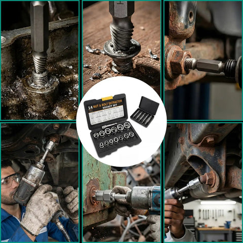 Beast 19 Piece Bolt And Screw Extractor Set for rusted stripped screws in auto repair with shown extractor bits in use