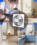 9 Inch Frameless Box Fan With 3 Speed Settings, Lightweight ABS Housing, ETL Listed; shown in a bedroom, living room, office, kitchen.