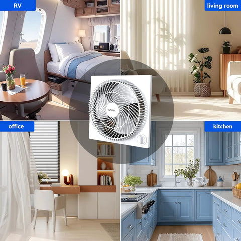 9 Inch Frameless Box Fan With 3 Speed Settings, Lightweight ABS Housing, ETL Listed; shown in a bedroom, living room, office, kitchen.