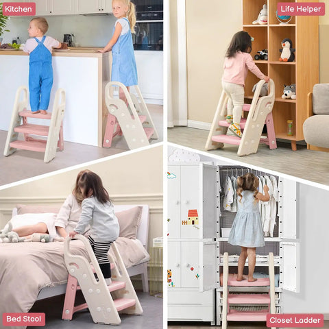 Pretty Darn Versatile Foldable Toddler Step Stool For Bathroom Sink And Kitchen Counter With Adjustable Height Settings And Safe Handles To Make Potty Training An Absolute Dream For Growing Kids In Soft Pink used in kitchen and bedroom.