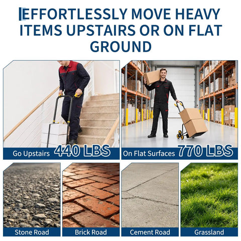 Stair Climbing Dolly For Heavy Loads, Rugged Hand Truck With 770 Lb Capacity in use on stairs and flat surfaces with ergonomic grip.