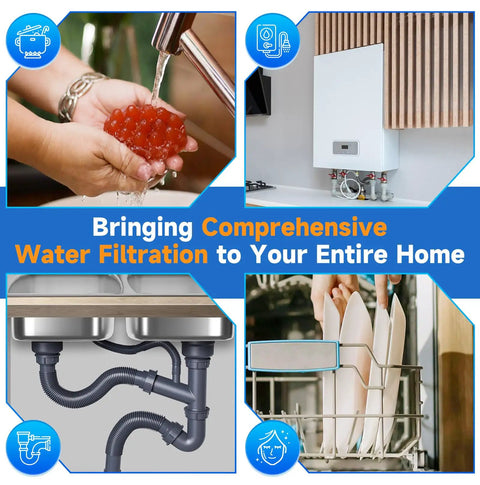 Two Stage Whole House Water Filtration System With Ten Inch By Four Point Five Inch Universal Housing One Inch Inlet And Outlet NSF 42 Certified Sediment And Carbon Block Filters External Pressure Gauges Easy Cartridge Replacements installed under sink and whole-home
