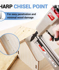 Pro Quality 23 Gauge Pin Nails 1 3/8 Inch Galvanized Micro Headless Pins in use with sharp chisel point for nail installation.