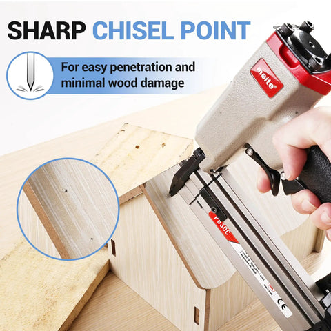 Pro Quality 23 Gauge Pin Nails 1 3/8 Inch Galvanized Micro Headless Pins in use with sharp chisel point for nail installation.