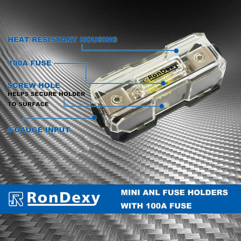 Inline Mini ANL Fuse Holder For 4 To 8 Gauge Wire, Waterproof AFS Inline Fuse Holder For Car Audio Amplifier, Marine, Auto And Industrial Applications, Includes 100A Fuse, showing heat resistant housing and 4 gauge input.