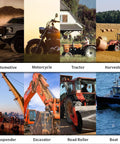 Collage of vehicles: truck, motorcycle, tractor, harvester, crane, excavator, road roller, and boat in various settings.