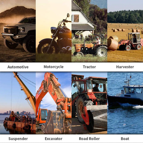 Collage of vehicles: truck, motorcycle, tractor, harvester, crane, excavator, road roller, and boat in various settings.