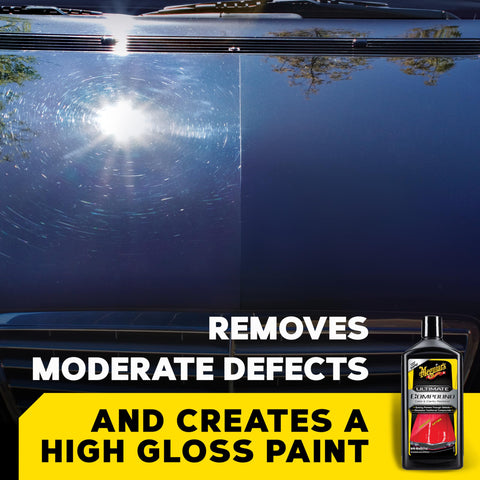 Car hood before and after using Ultimate Compound Pro Grade Car Scratch Remover For Paint Correction That Removes Scratches Swirls Oxidation And Water Spots While Restoring Color Clarity For A Showroom Shine On Single Stage And Clear Coat Finishes 15 Oz, showing defect removal and high gloss paint.