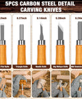 5pcs carbon steel detail knives, part of 23 Piece Wood Carving Set For DIYers With 4 Large Knives 5 Detail Knives 9 Basswood Blocks